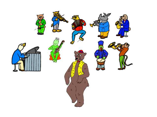 nine animal musicians play while a large bear dances 