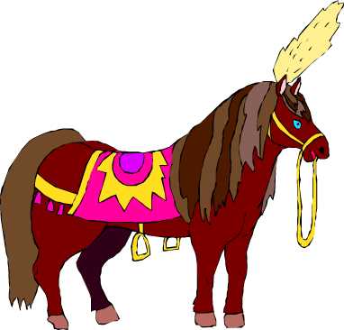 large circus horse with bright adornments and a feather