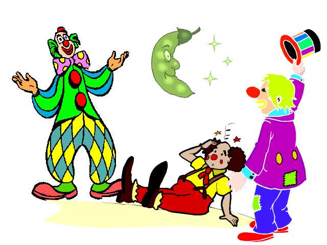 three clowns doing their act with a peapod moon behind them