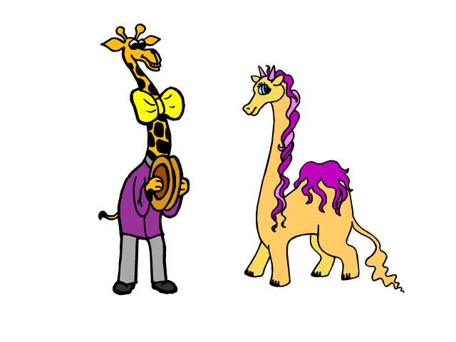 giraffe standing upright with cymbals and a pretty llama