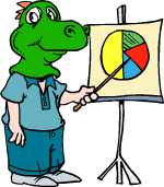 person with dino mask and piechart